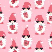 Seamless pattern with gnomes, gifts and hearts. Valentine's day design. Vector illustration isolated on pink background.