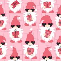 Seamless pattern with gnomes, gifts and hearts. Valentine's day design. Vector illustration isolated on pink background.