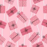 Seamless pattern with gifts and hearts. Valentine's day design. Vector illustration isolated on pink background.