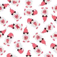 Seamless pattern with gnomes, gifts and hearts. Valentine's day design. Vector illustration isolated on white background.