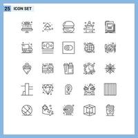 Line Pack of 25 Universal Symbols of book office burger marketing meal Editable Vector Design Elements