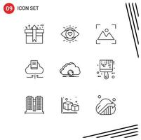 Mobile Interface Outline Set of 9 Pictograms of cloud book light arrow photography Editable Vector Design Elements