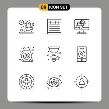 conjunto de 9 iconos de interfaz de usuario modernos símbolos signos para gráficos de gráficos de altavoces de crecimiento de plomeros elementos de diseño de vectores editables