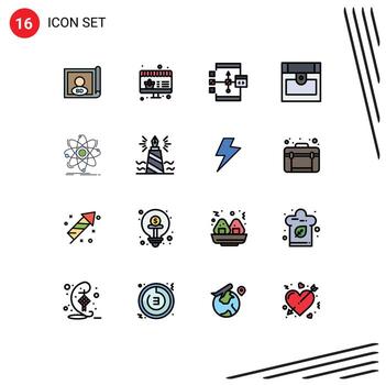 Modern Set of 16 Flat Color Filled Lines and symbols such as chemistry atom coding treasure chest Editable Creative Vector Design Elements