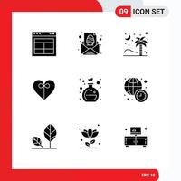 Universal Icon Symbols Group of 9 Modern Solid Glyphs of ribbon heart message coconut nature Editable Vector Design Elements