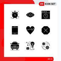 Universal Icon Symbols Group of 9 Modern Solid Glyphs of pulse cardiogram history ipad gadget Editable Vector Design Elements