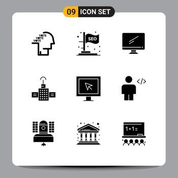 Mobile Interface Solid Glyph Set of 9 Pictograms of entertainment navigation seo gps imac Editable Vector Design Elements