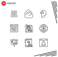 Pictogram Set of 9 Simple Outlines of black friday web battery page mind Editable Vector Design Elements