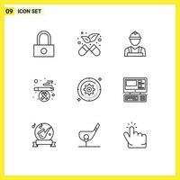 9 User Interface Outline Pack of modern Signs and Symbols of target cog labour gear smoking Editable Vector Design Elements