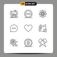 grupo universal de símbolos de icono de 9 contornos modernos de elementos de diseño vectorial editables de burbujas de comentario de lentes de corazón similares vector