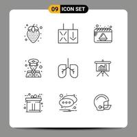 9 User Interface Outline Pack of modern Signs and Symbols of powerpoint presentation powder lungs police security Editable Vector Design Elements