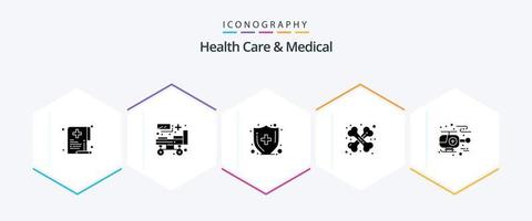 Health Care And Medical 25 Glyph icon pack including helicopter. traumatology. patient bed. medical. care vector