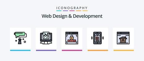 La línea de diseño y desarrollo web llenó un paquete de 5 íconos que incluye . video . música. diseño . bosquejo. diseño de iconos creativos vector