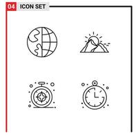 Set of 4 Vector Filledline Flat Colors on Grid for communication sun earth landscape compass Editable Vector Design Elements