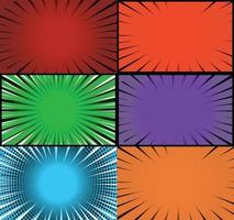 Comic book colorful frames background with halftone rays radial and dotted effects pop art style vector