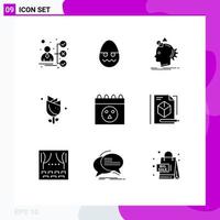 Mobile Interface Solid Glyph Set of 9 Pictograms of calendar nature imagination easter process Editable Vector Design Elements