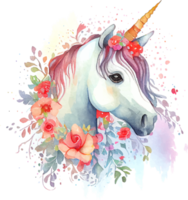 Cute Watercolor Magic Unicorn with Flowers png