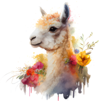 Cute Watercolor Funny Lama Background with Flower png