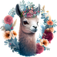 schattig waterverf grappig lama achtergrond met bloem png