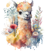 fond de lama drôle aquarelle mignon avec fleur png