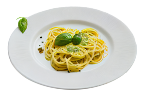 spaghetti met pesto en basilicum Aan een wit bord. generatief ai png