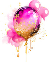 Watercolor alcohol ink pink birthday balloon with some golden glitter png