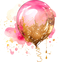 ballon d'anniversaire rose à l'encre d'alcool aquarelle avec des paillettes dorées png