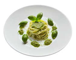 Spaghetti mit Pesto und Basilikum auf einem weißen Teller. generative KI png