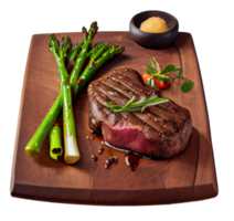 Delicious Hot Beef Steak on Wooden Background. Illustration Generative AI png