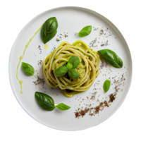 Spaghetti mit Pesto und Basilikum auf einem weißen Teller. generative KI png