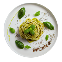 Spaghetti with Pesto and Basil on a White Plate. Generative AI png