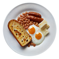 Two Fried Eggs 2 Sausages Canned Beans. Illustration Generative AI png