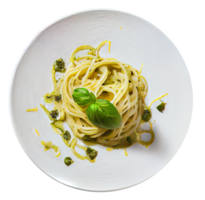 Spaghetti with Pesto and Basil on a White Plate. Generative AI png