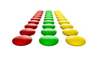 De délicieux bonbons au chocolat colorés ou des boutons se trouvant sur plusieurs rangées, formant un concept de feux de circulation isolé illustration 3d png