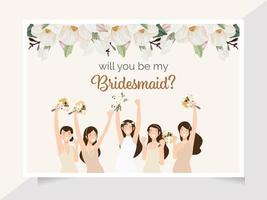 cute bride and bridesmaid on watercolor white magnolia flower bouquet invitation card template collection vector