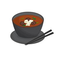 Japanese miso soup in black bowl with mushrooms and tofu. Traditional Asian cuisine. Vector illustration. Cartoon.