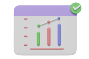 3D-Business-Analyse-Strategiekonzept mit Häkchen isoliert. Diagrammdiagramm-Symbol für Bank, Finanzen, Investitionen, Geld, minimal, 3D-Darstellung png