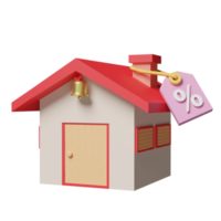 Ícone de vendas de desconto 3D com casa vermelha, cupom de etiquetas de preço isolado. conceito de bônus de promoção de marketing, ilustração de renderização 3d png