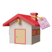 3d korting verkoop icoon met rood huis, prijs tags coupon geïsoleerd. afzet Promotie bonussen concept, 3d geven illustratie png