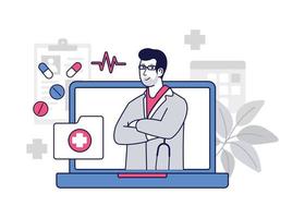 Online consultation with male doctor. Vector Illustration