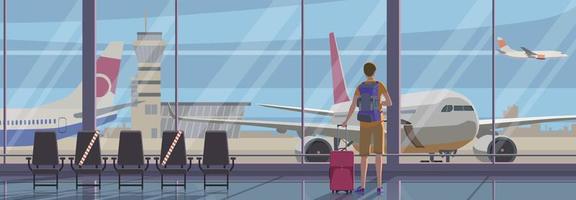 A tourist in the airport terminal against the backdrop of airplanes outside the window. Vector. vector