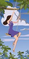 A girl in a blue dress rides on a swing against the backdrop of palm trees. Vector. vector