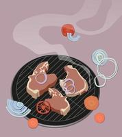 Large meat steaks are grilled with onions and carrots. Vector. vector