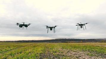 drones na agricultura. três drones que se elevam acima do campo e têm tarefas diferentes. video