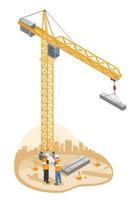 Engineer and Foreman talking under Hammerhead Tower Crane heavy-duty lifting system Construction site tools and equipment isometric isolated illustration vector