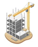 Simple Building Under Construction site and Hammerhead Tower Crane heavy-duty lifting system illustration isometric isolated vector