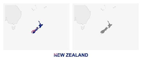 Two versions of the map of New Zealand, with the flag of New Zealand and highlighted in dark grey. vector