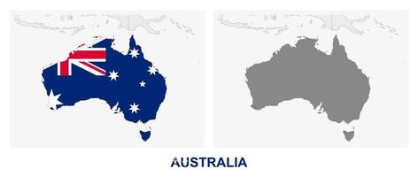 Two versions of the map of Australia, with the flag of Australia and highlighted in dark grey. vector