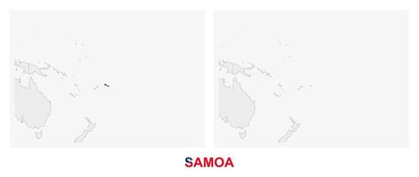 Two versions of the map of Samoa, with the flag of Samoa and highlighted in dark grey. vector