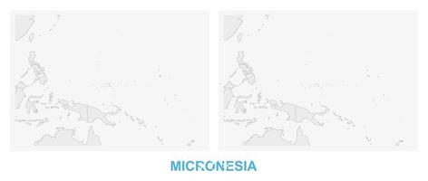 dos versiones del mapa de micronesia, con la bandera de micronesia y resaltada en gris oscuro. vector